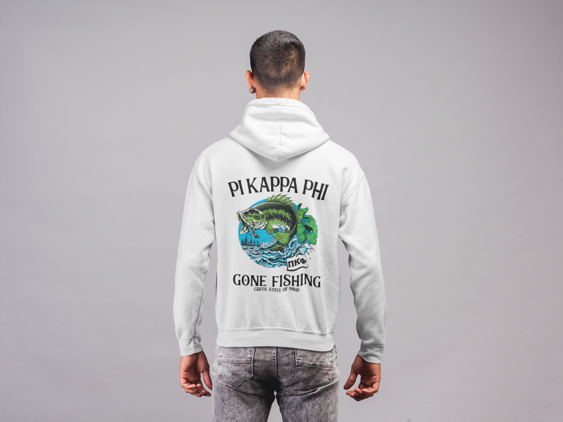 white Pi Kappa Phi Graphic Hoodie | Gone Fishing | Pi Kappa Phi Apparel and Merchandise back model 