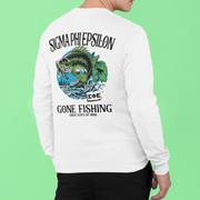 White Sigma Phi Epsilon Graphic Long Sleeve T-Shirt | Gone Fishing | SigEp Clothing - Campus Apparel model 