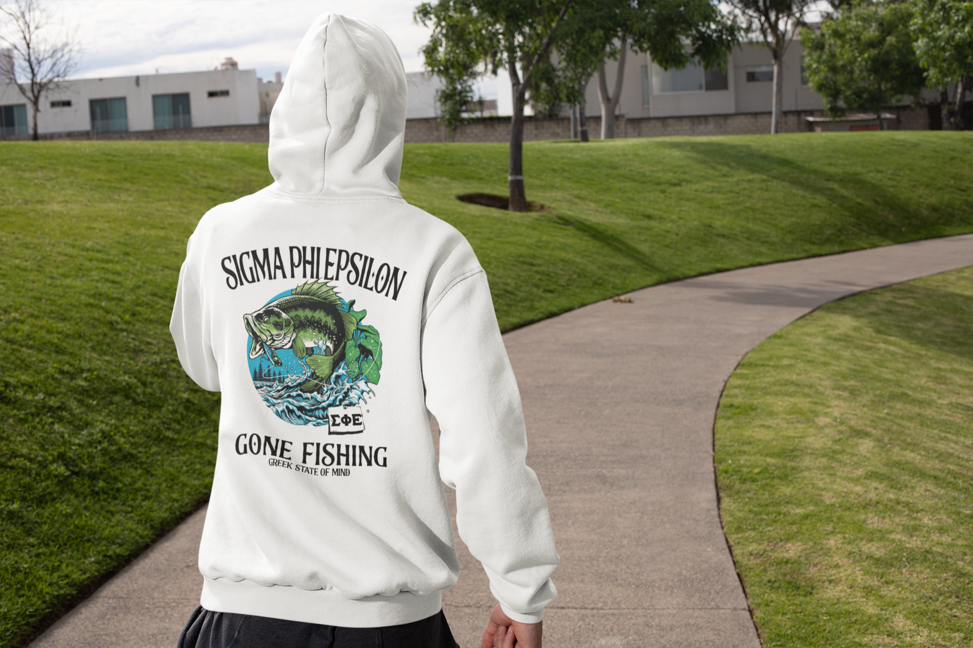 Sigma Phi Epsilon Graphic Hoodie | Gone Fishing | SigEp Clothing - Campus Apparel model 