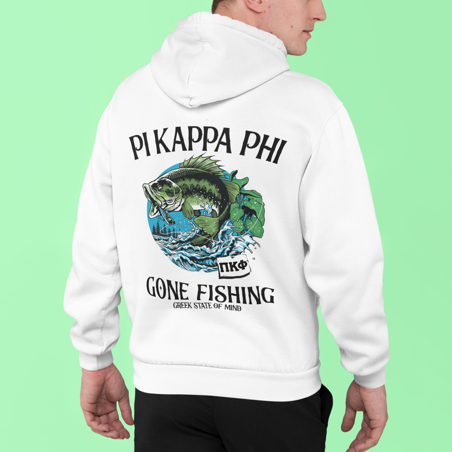 White Pi Kappa Phi Graphic Hoodie | Gone Fishing | Pi Kappa Phi Apparel and Merchandise model 