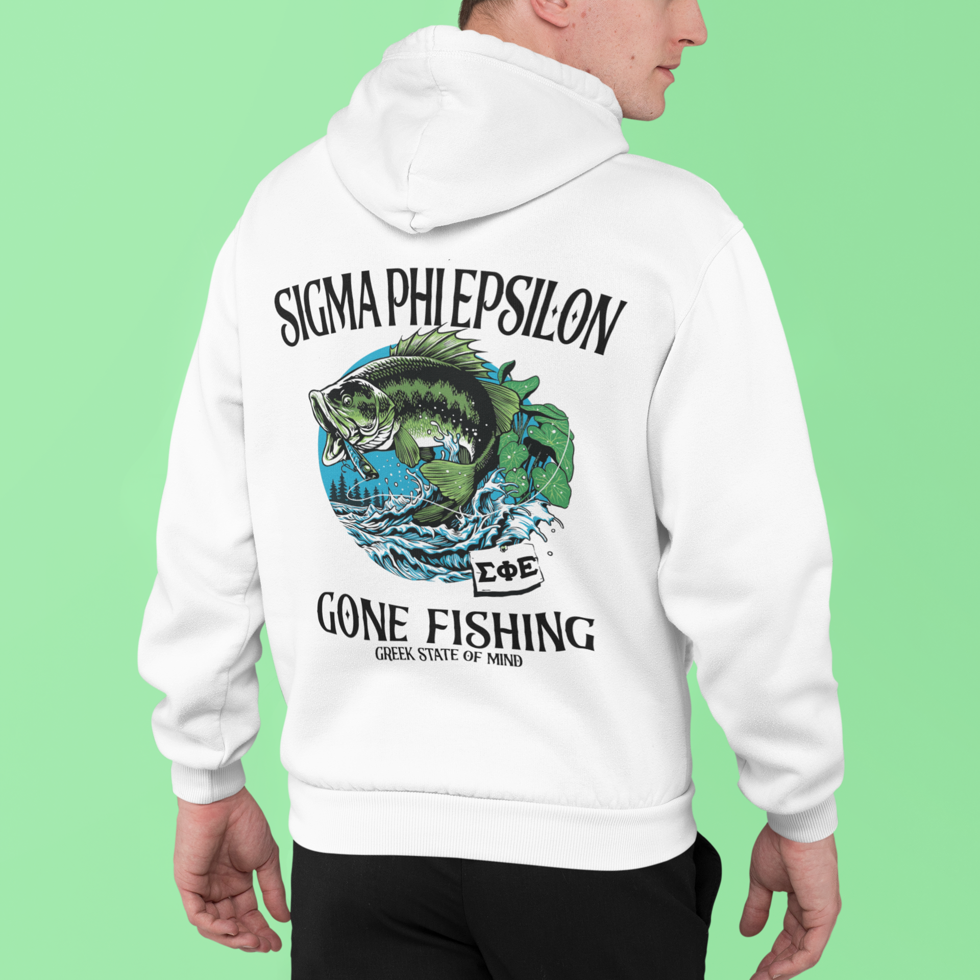 White Sigma Phi Epsilon Graphic Hoodie | Gone Fishing | SigEp Clothing - Campus Apparel model 