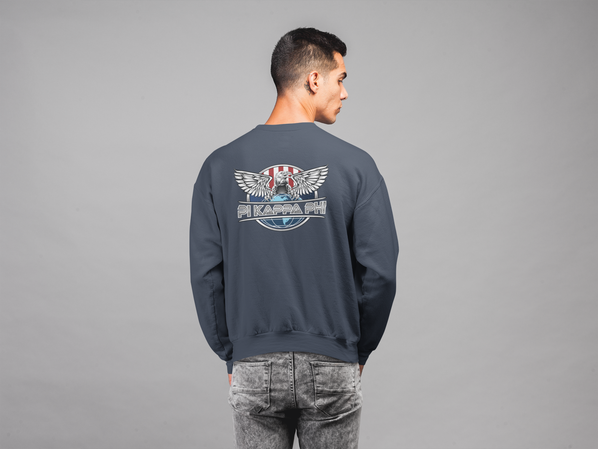 Navy Pi Kappa Phi Graphic Crewneck Sweatshirt | The Fraternal Order | Pi Kappa Phi Apparel and Merchandise model 