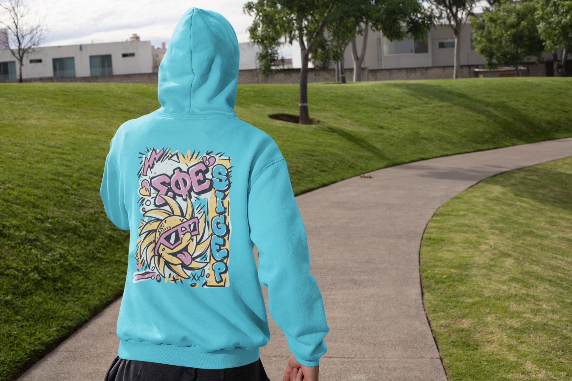 Turquoise Sigma Phi Epsilon Graphic Hoodie | Fun in the Sun | SigEp Clothing - Campus Apparel model 