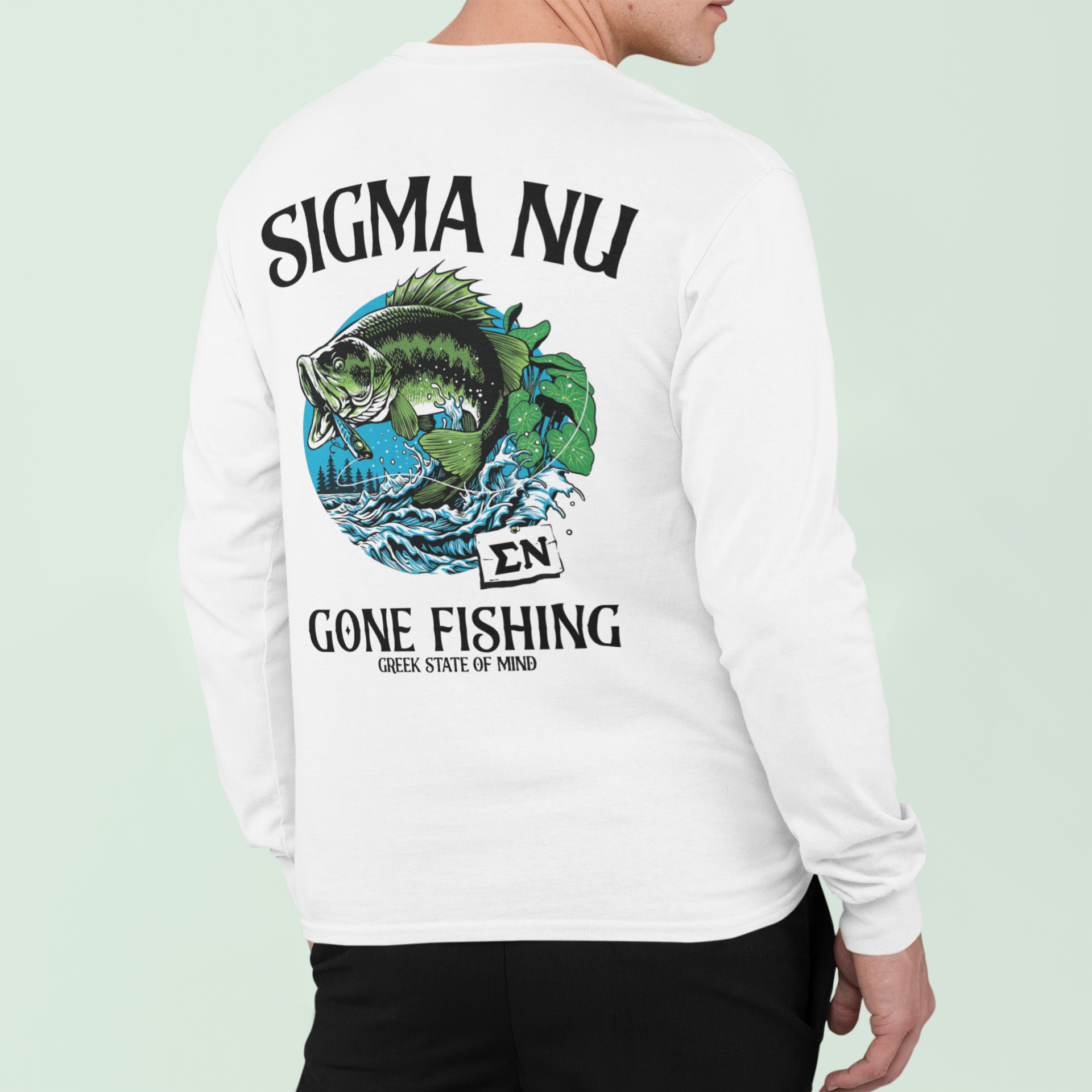 White Sigma Nu Graphic Long Sleeve T-Shirt | Gone Fishing | Sigma Nu Clothing, Apparel and Merchandise