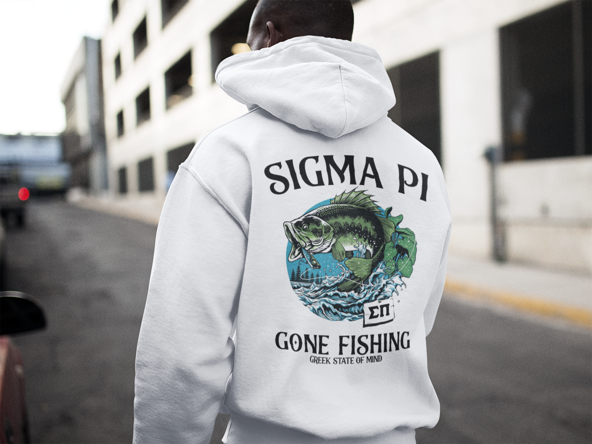 Sigma Pi Graphic Hoodie | Gone Fishing | Sigma Pi Apparel and Merchandise back model 