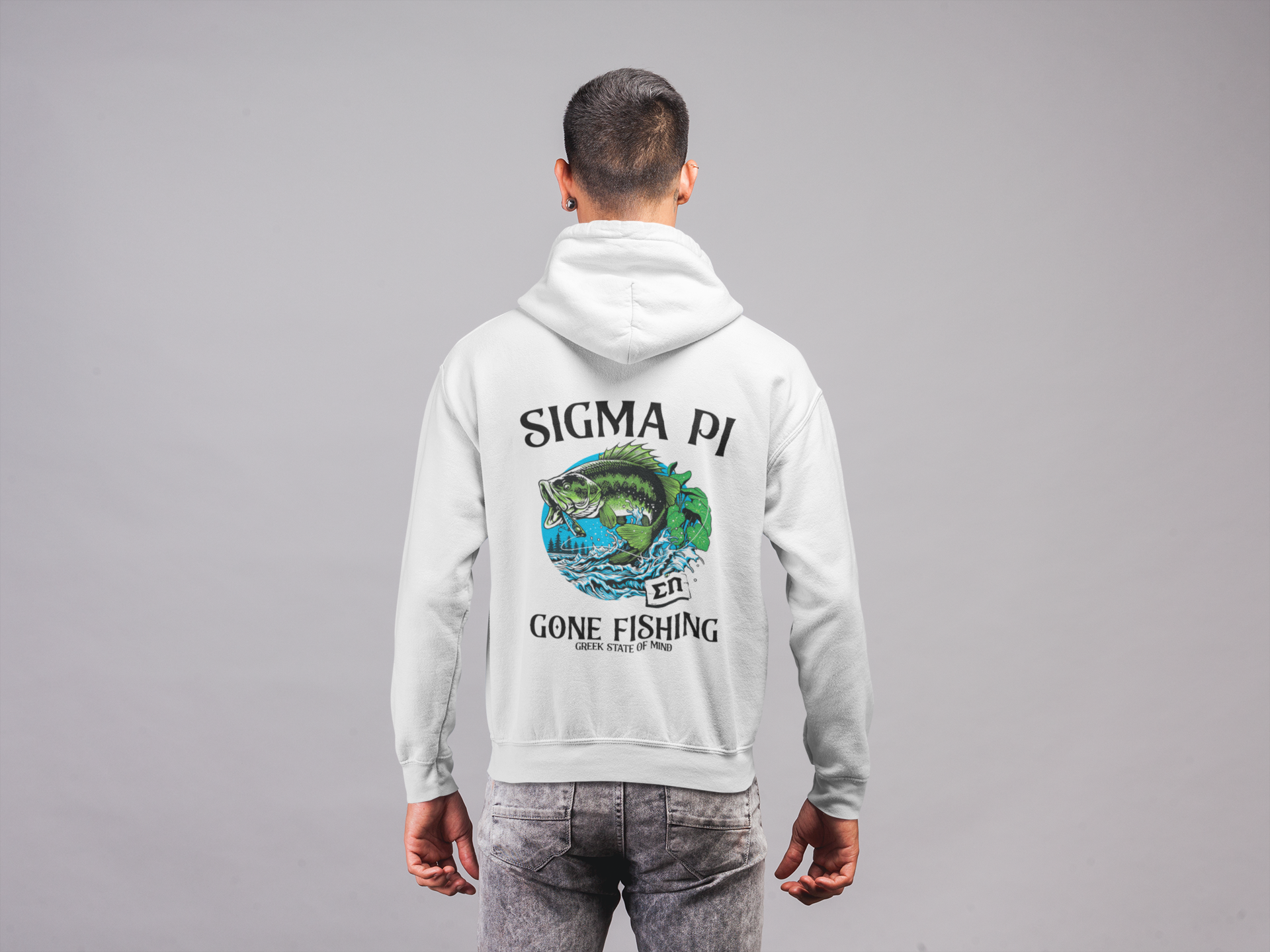 White Sigma Pi Graphic Hoodie | Gone Fishing | Sigma Pi Apparel and Merchandise back model 