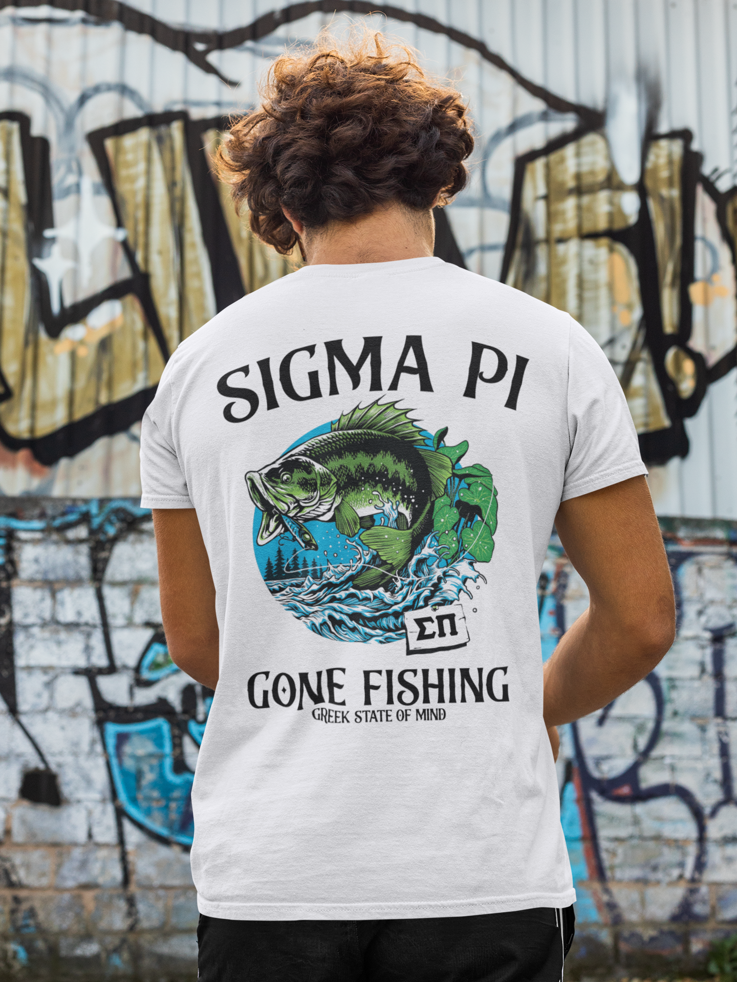 Sigma Pi Graphic T-Shirt | Gone Fishing | Sigma Pi Apparel and Merchandise model 