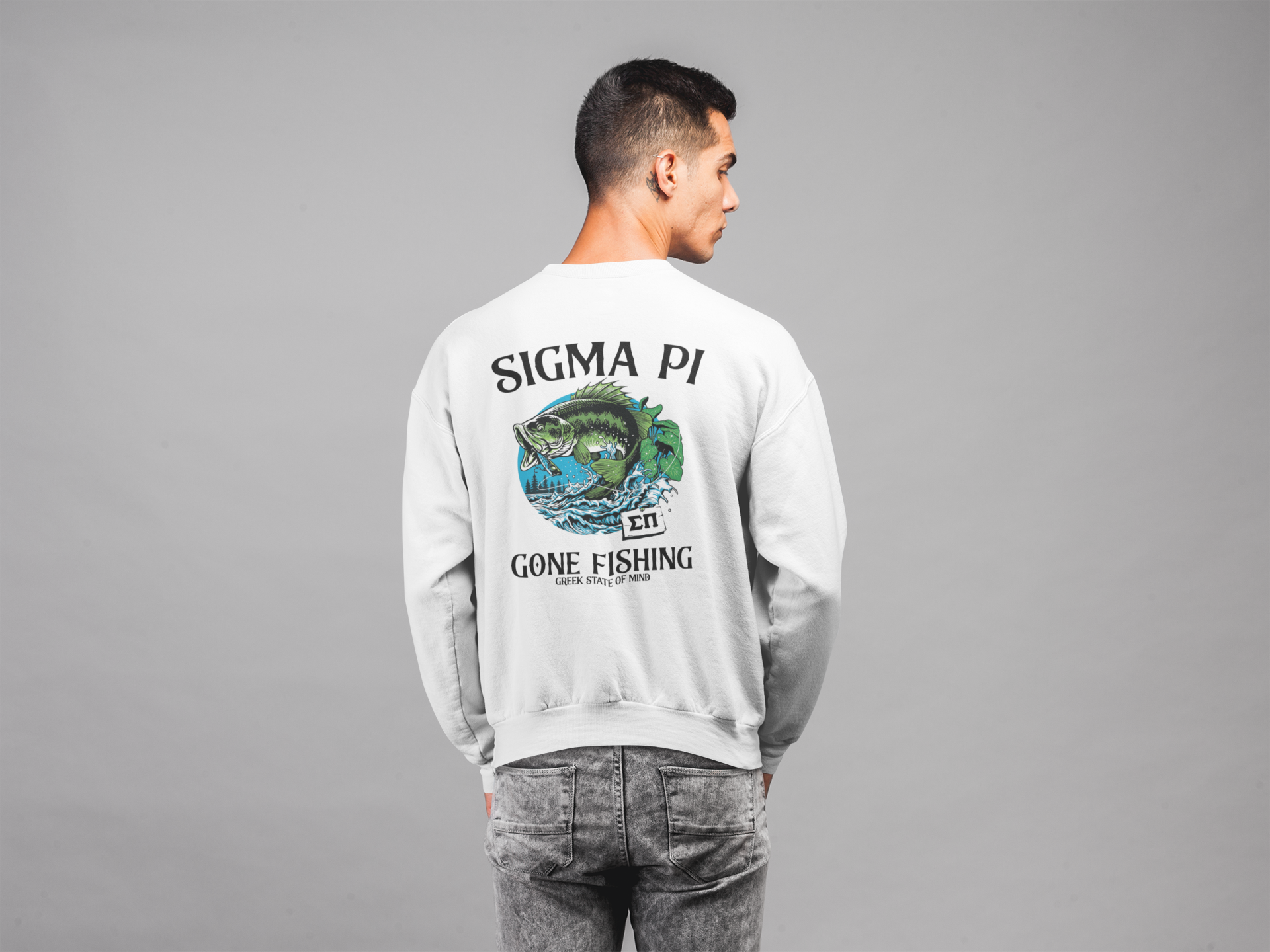 White Sigma Pi Graphic Crewneck Sweatshirt | Gone Fishing | Sigma Pi Apparel and Merchandise model 