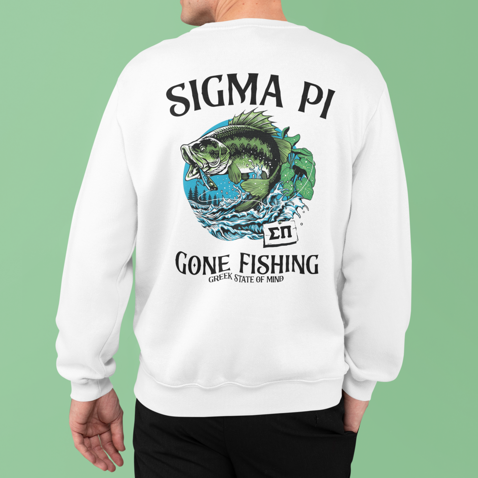 Sigma Pi Graphic Crewneck Sweatshirt | Gone Fishing | Sigma Pi Apparel and Merchandise model 