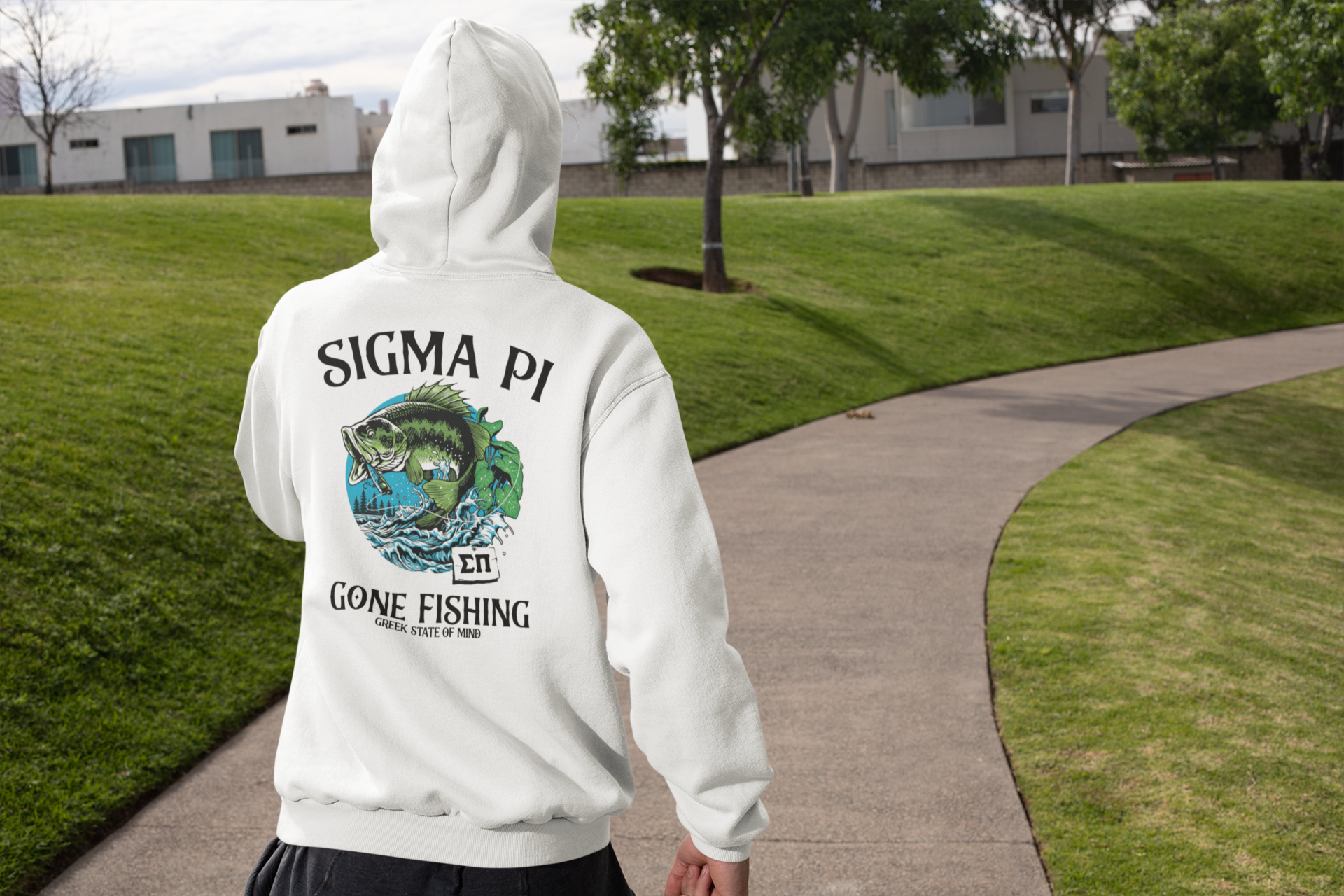 White Sigma Pi Graphic Hoodie | Gone Fishing | Sigma Pi Apparel and Merchandise model 