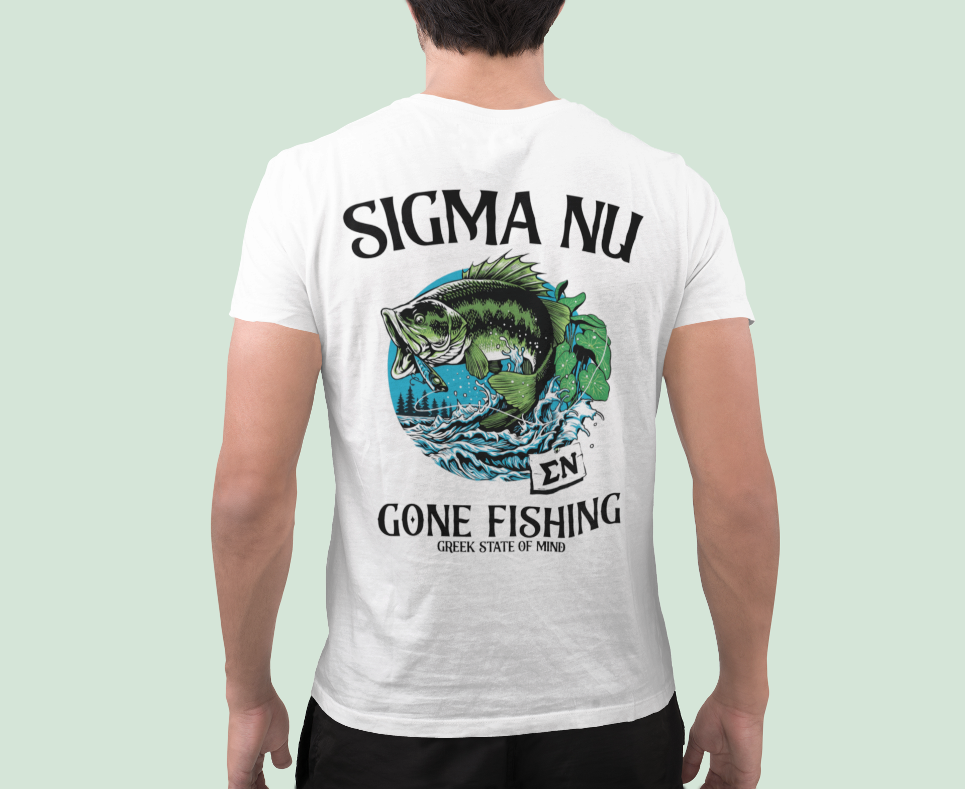 White Sigma Nu Graphic T-Shirt | Gone Fishing | Sigma Nu Clothing, Apparel and Merchandise  back model 