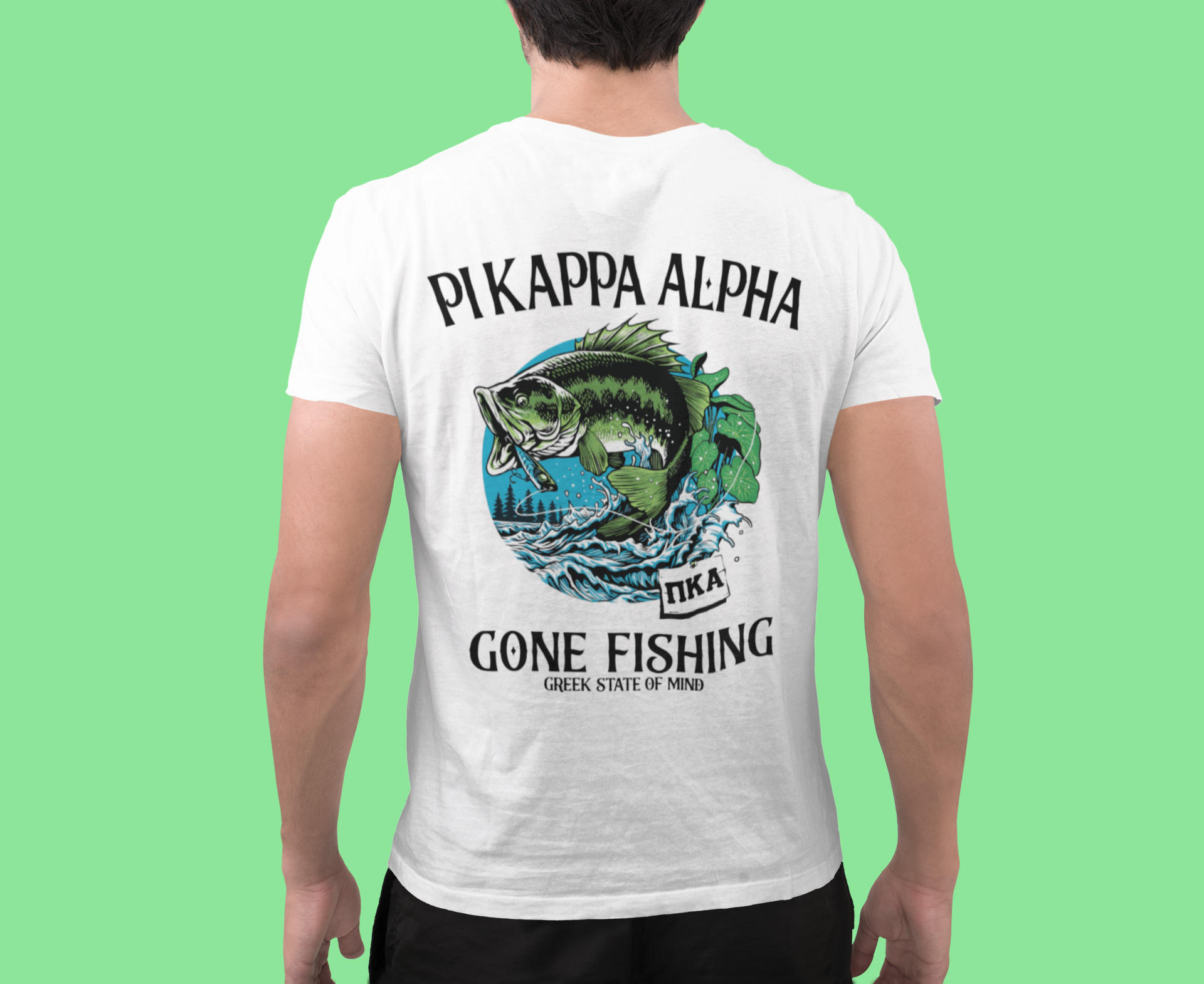 White Pi Kappa Alpha Graphic T-Shirt | Gone Fishing | Pi kappa alpha fraternity shirt model 