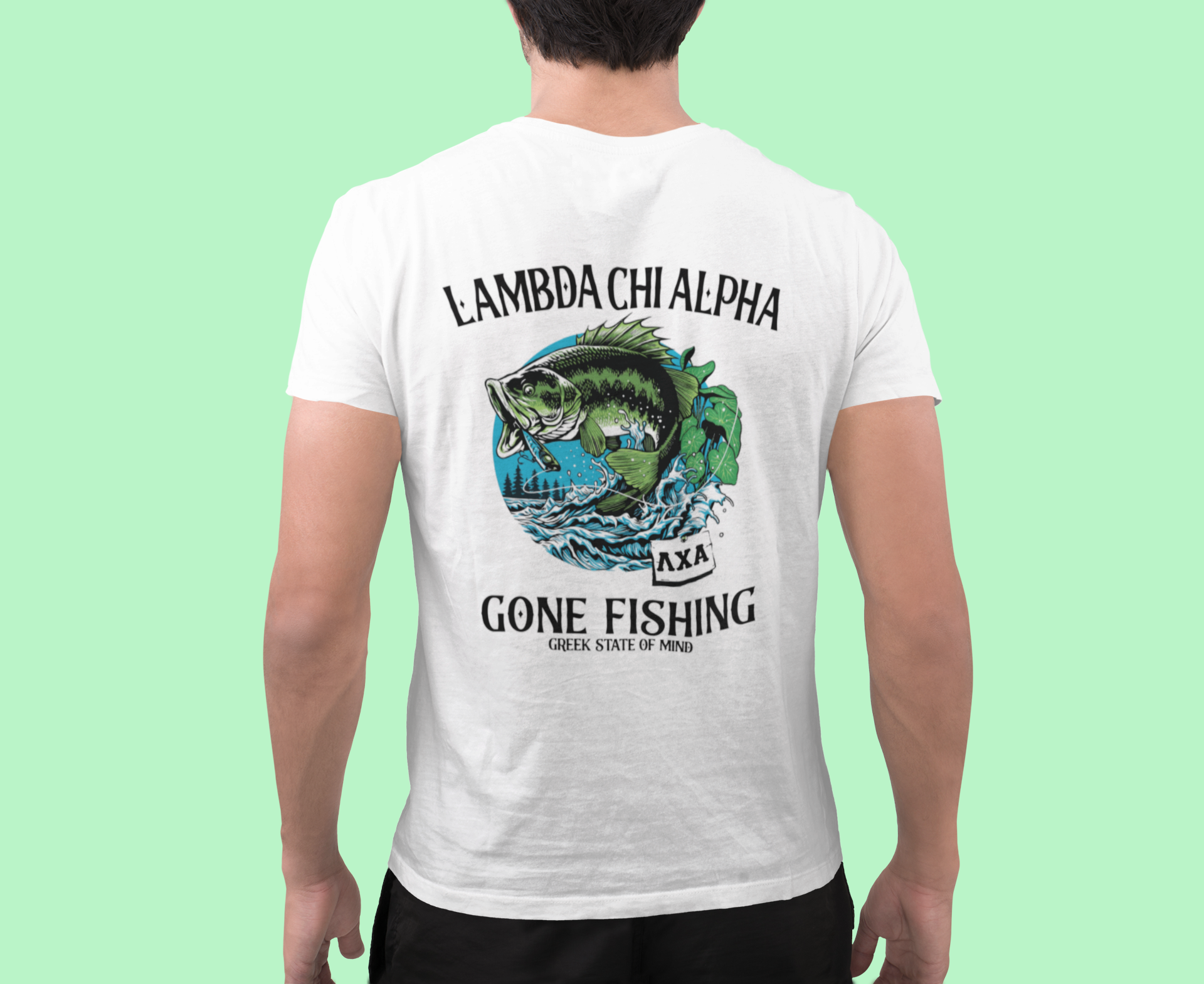 White Lambda Chi Alpha Graphic T-Shirt | Gone Fishing | Lambda Chi Alpha Fraternity Apparel back model 