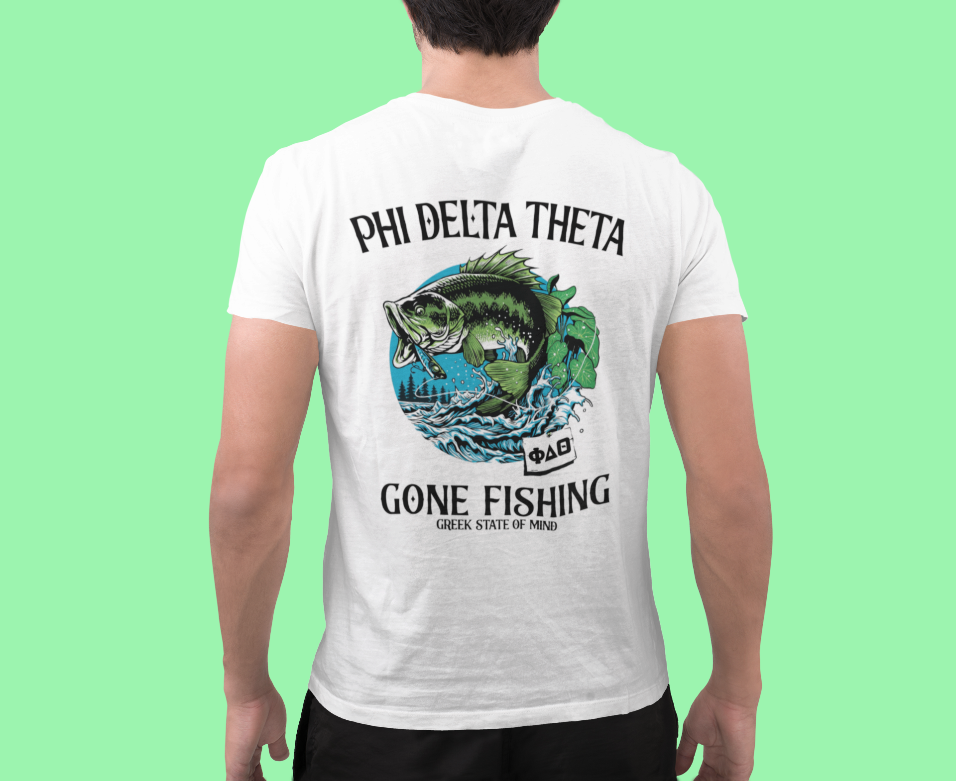 white Phi Delta Theta Graphic T-Shirt | Gone Fishing | phi delta theta fraternity greek apparel model 