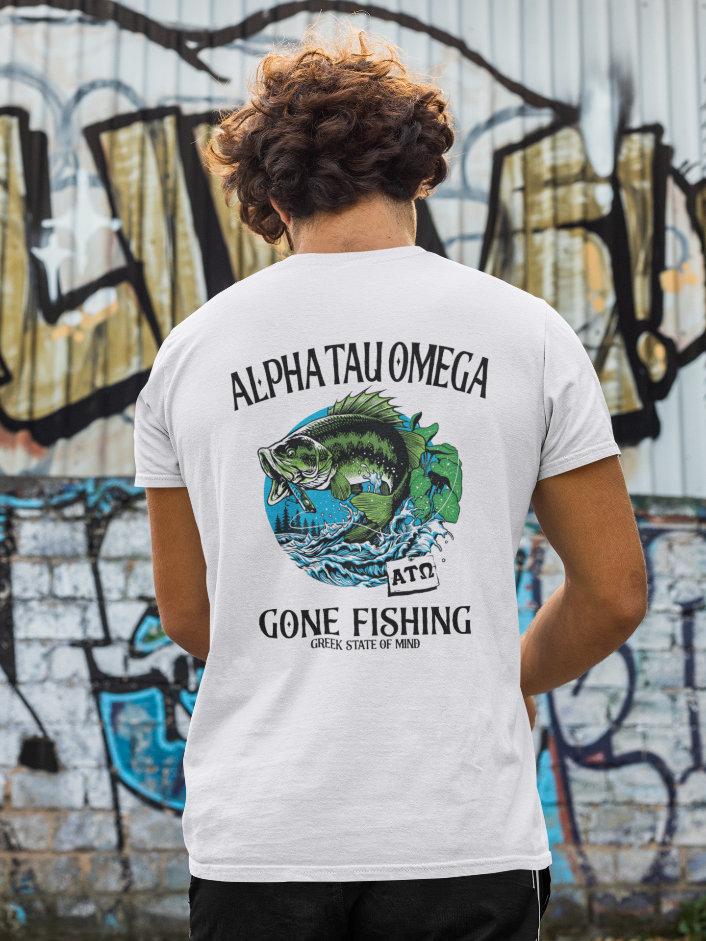 white Alpha Tau Omega Graphic T-Shirt | Gone Fishing | Alpha Tau Omega Fraternity Merch  back model 