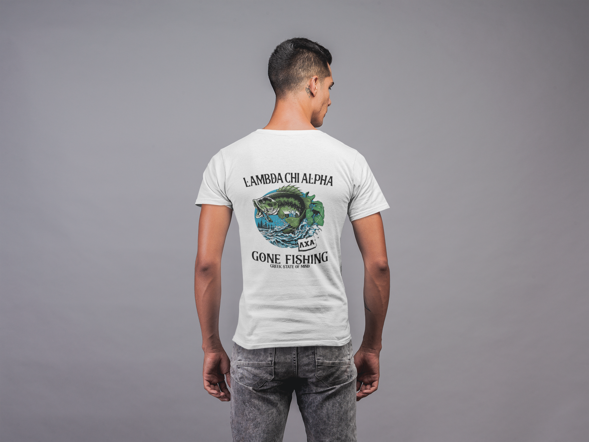 Lambda Chi Alpha Graphic T-Shirt | Gone Fishing | Lambda Chi Alpha Fraternity Apparel  model 