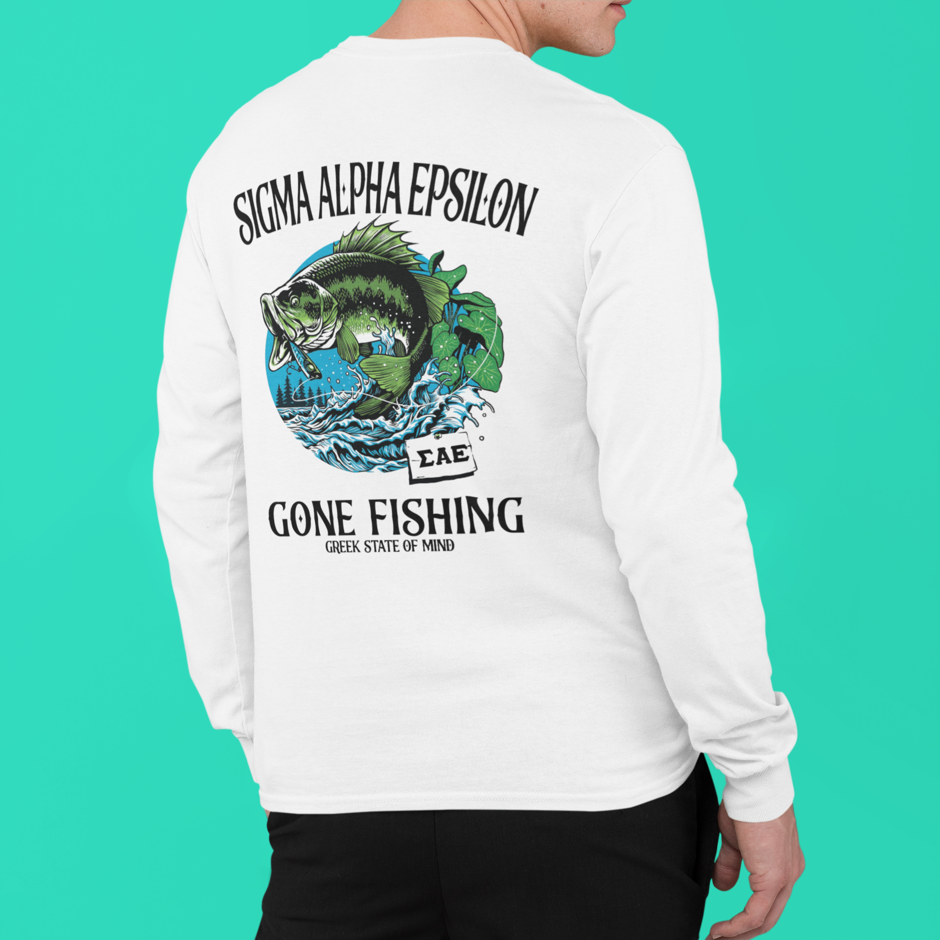 White Sigma Alpha Epsilon Graphic Long Sleeve T-Shirt | Gone Fishing | Sigma Alpha Epsilon Clothing and Merchandise model 
