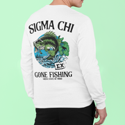 White Sigma Chi Graphic Long Sleeve T-Shirt | Gone Fishing | Sigma Chi Fraternity Apparel model 