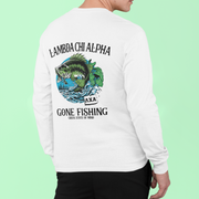 White Lambda Chi Alpha Graphic Long Sleeve T-Shirt | Gone Fishing | Lambda Chi Alpha Fraternity Apparel model 