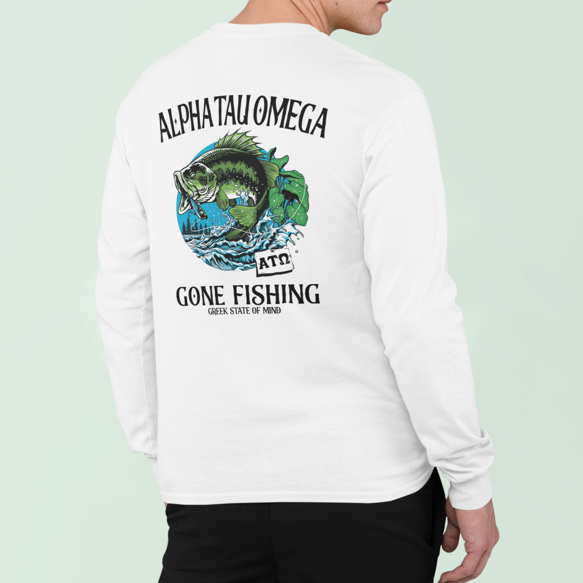 white Alpha Tau Omega Graphic Long Sleeve T-Shirt | Gone Fishing | Alpha Tau Omega Fraternity Merch model  