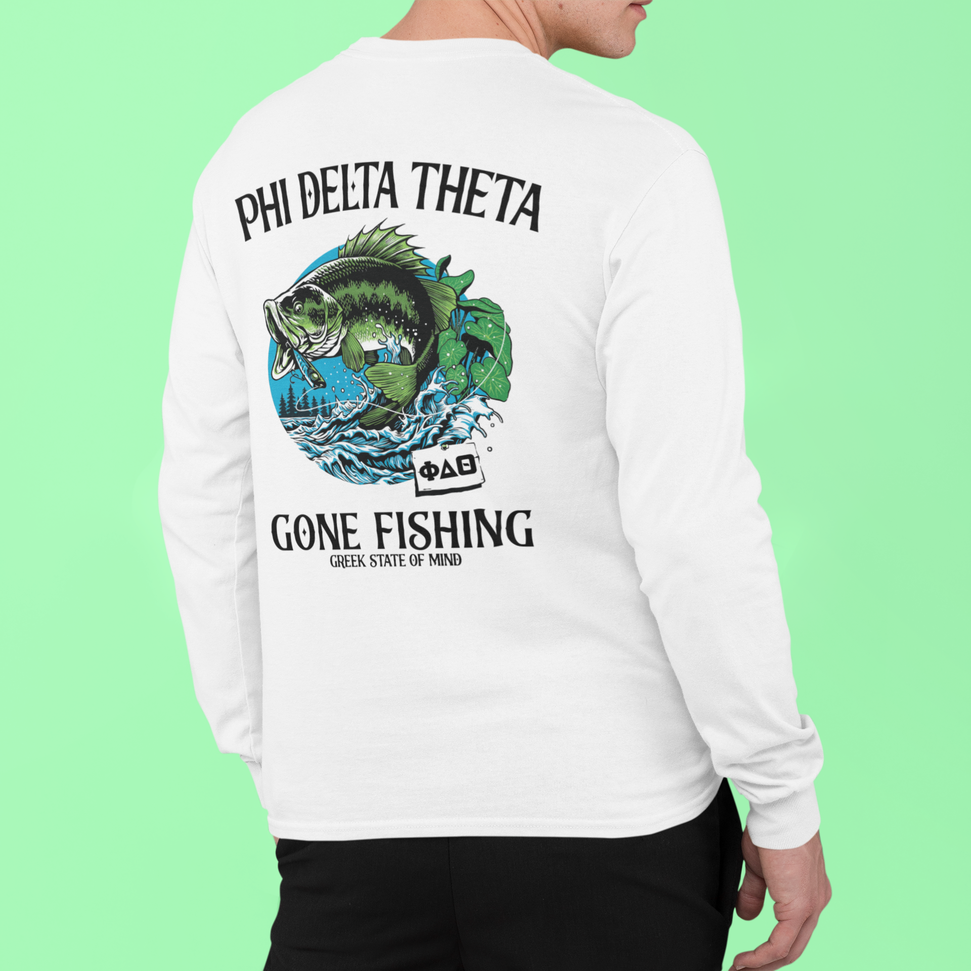 white Phi Delta Theta Graphic Long Sleeve T-Shirt | Gone Fishing | phi delta theta fraternity greek apparel model 