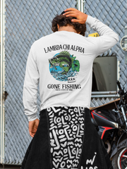 white Lambda Chi Alpha Graphic Long Sleeve T-Shirt | Gone Fishing | Lambda Chi Alpha Fraternity Apparel back model 