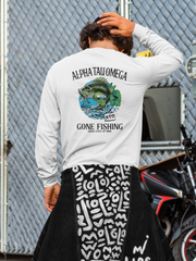 white Alpha Tau Omega Graphic Long Sleeve T-Shirt | Gone Fishing | Alpha Tau Omega Fraternity Merch back model 