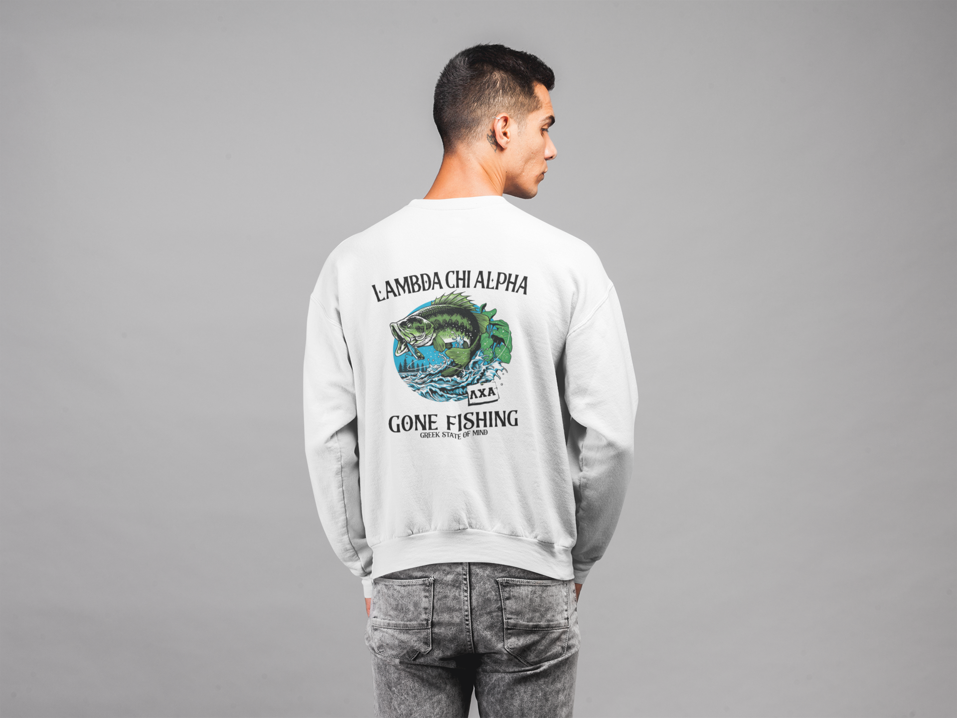 white Lambda Chi Alpha Graphic Crewneck Sweatshirt | Gone Fishing | Lambda Chi Alpha Fraternity Apparel model 