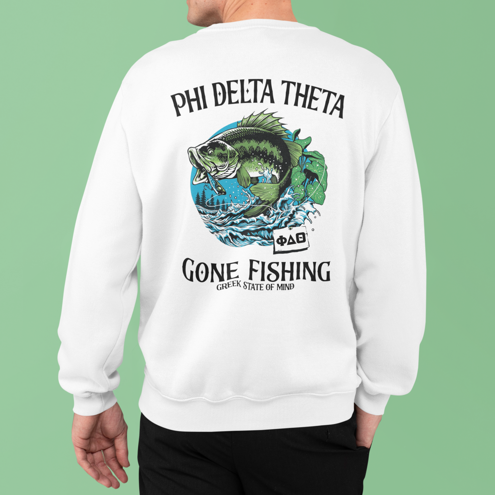 white Phi Delta Theta Graphic Crewneck Sweatshirt | Gone Fishing | phi delta theta fraternity greek apparel back model 