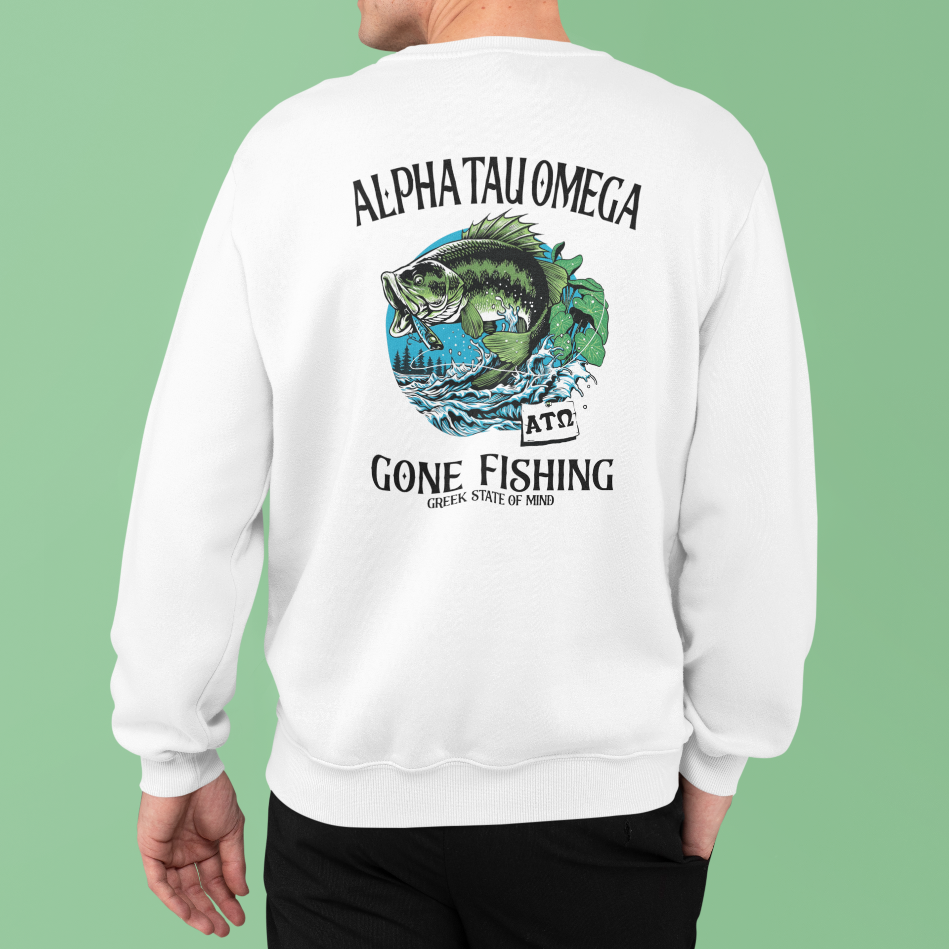 Alpha Tau Omega Graphic Crewneck Sweatshirt | Gone Fishing | Alpha Tau Omega Fraternity Merch model