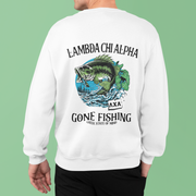white Lambda Chi Alpha Graphic Crewneck Sweatshirt | Gone Fishing | Lambda Chi Alpha Fraternity Apparel back model 