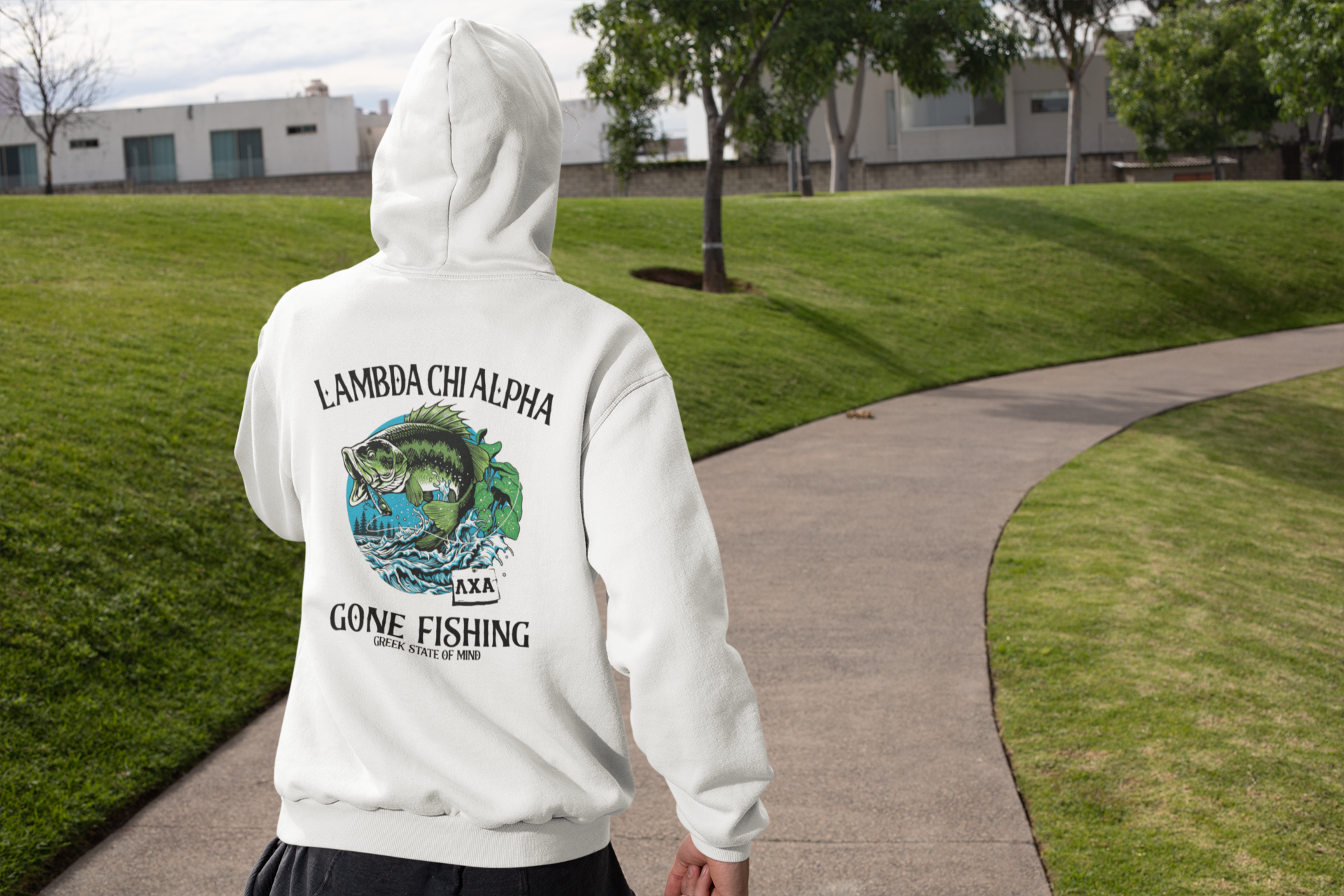 White Lambda Chi Alpha Graphic Hoodie | Gone Fishing | Lambda Chi Alpha Fraternity Apparel 