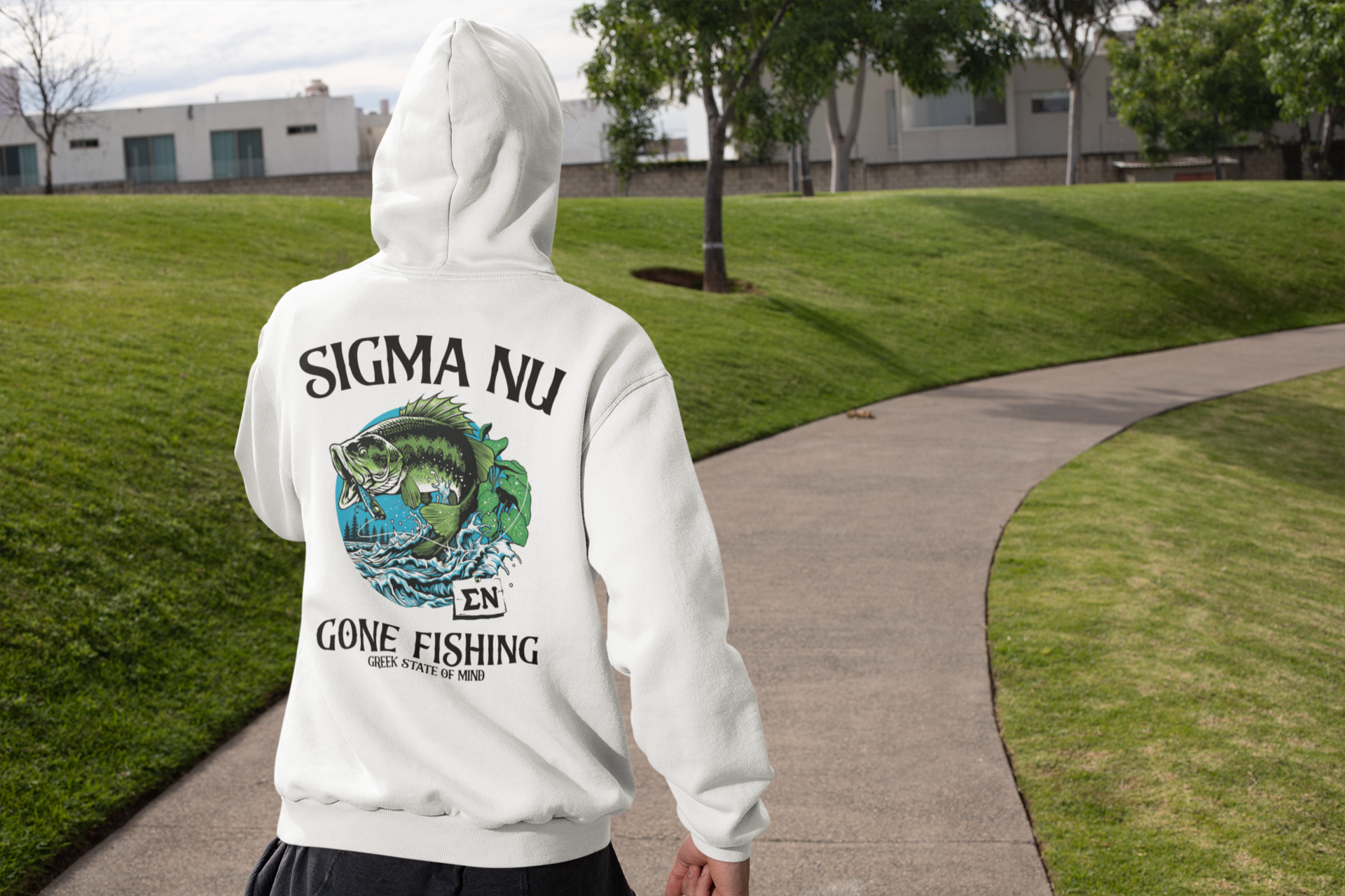 White Sigma Nu Graphic Hoodie | Gone Fishing | Sigma Nu Clothing, Apparel and Merchandise model 