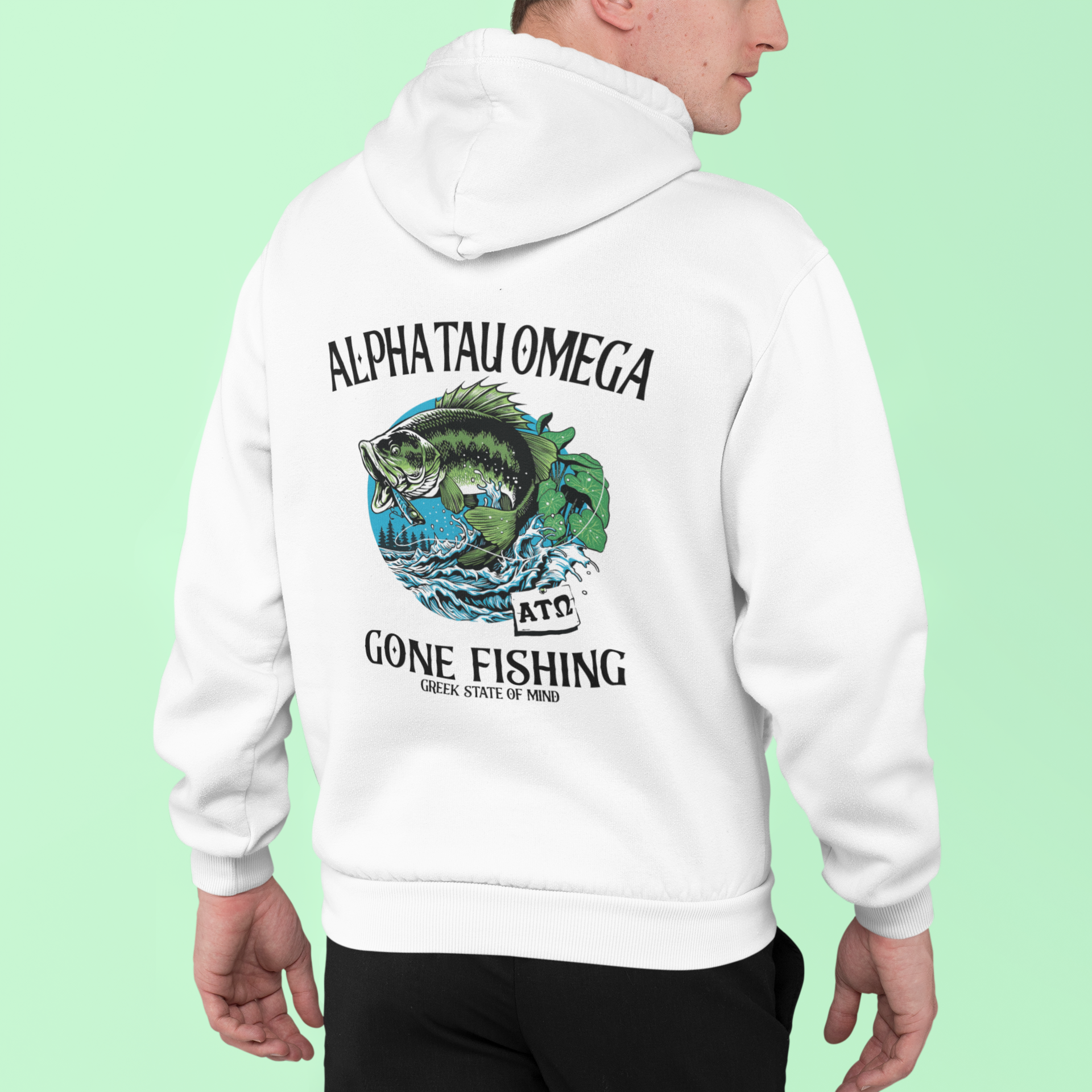 white Alpha Tau Omega Graphic Hoodie | Gone Fishing | Alpha Tau Omega Fraternity Merch model 