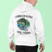 White Lambda Chi Alpha Graphic Hoodie | Gone Fishing | Lambda Chi Alpha Fraternity Apparel model 