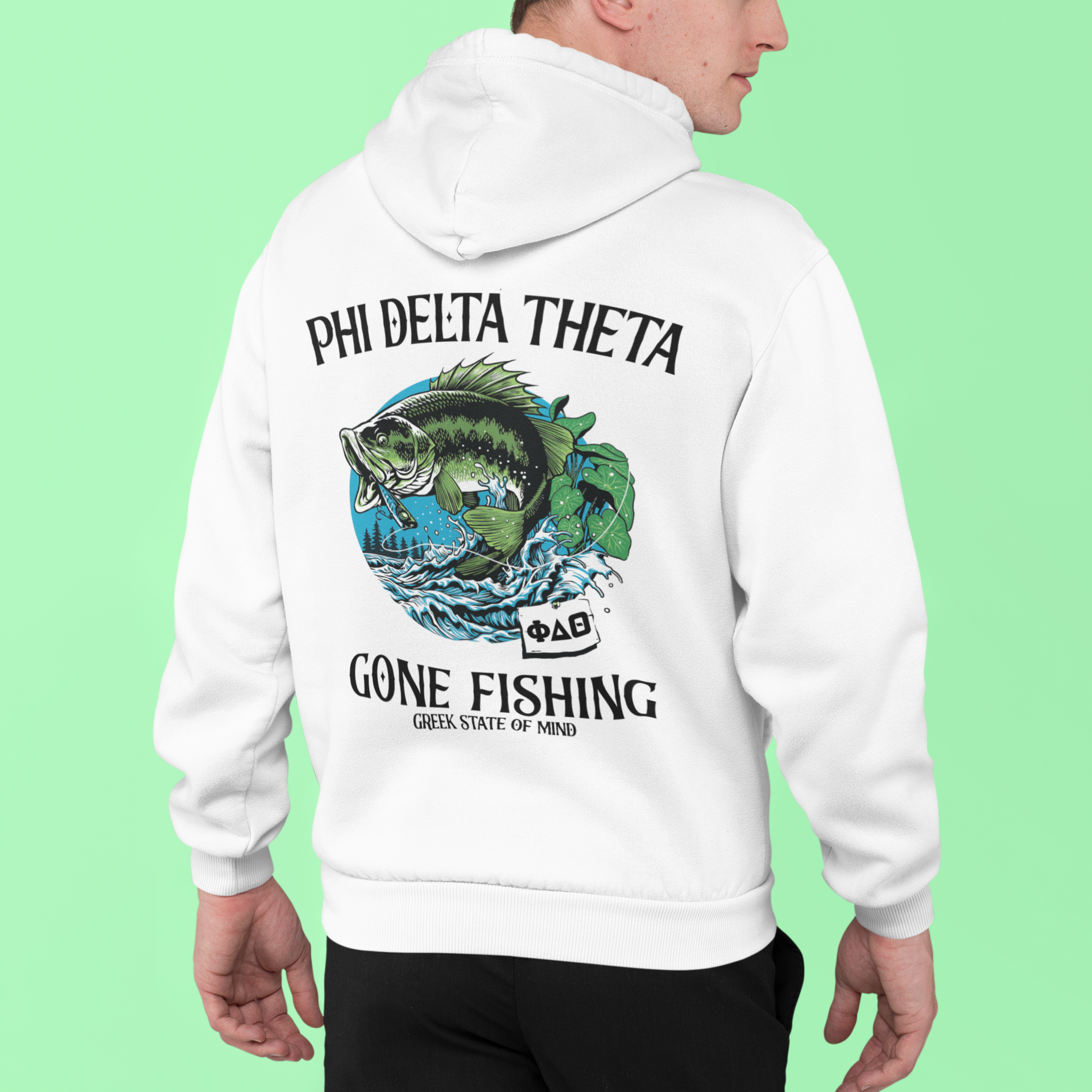 white Phi Delta Theta Graphic Hoodie | Gone Fishing | phi delta theta fraternity greek apparel back model 