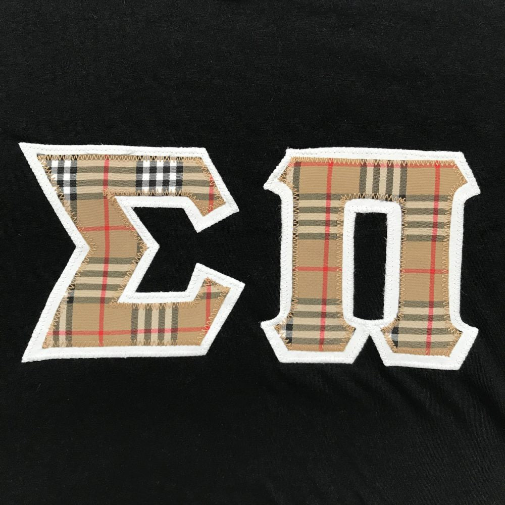 Sigma Pi Stitched Letter T-Shirt | Nova Plaid Letters with a White Border