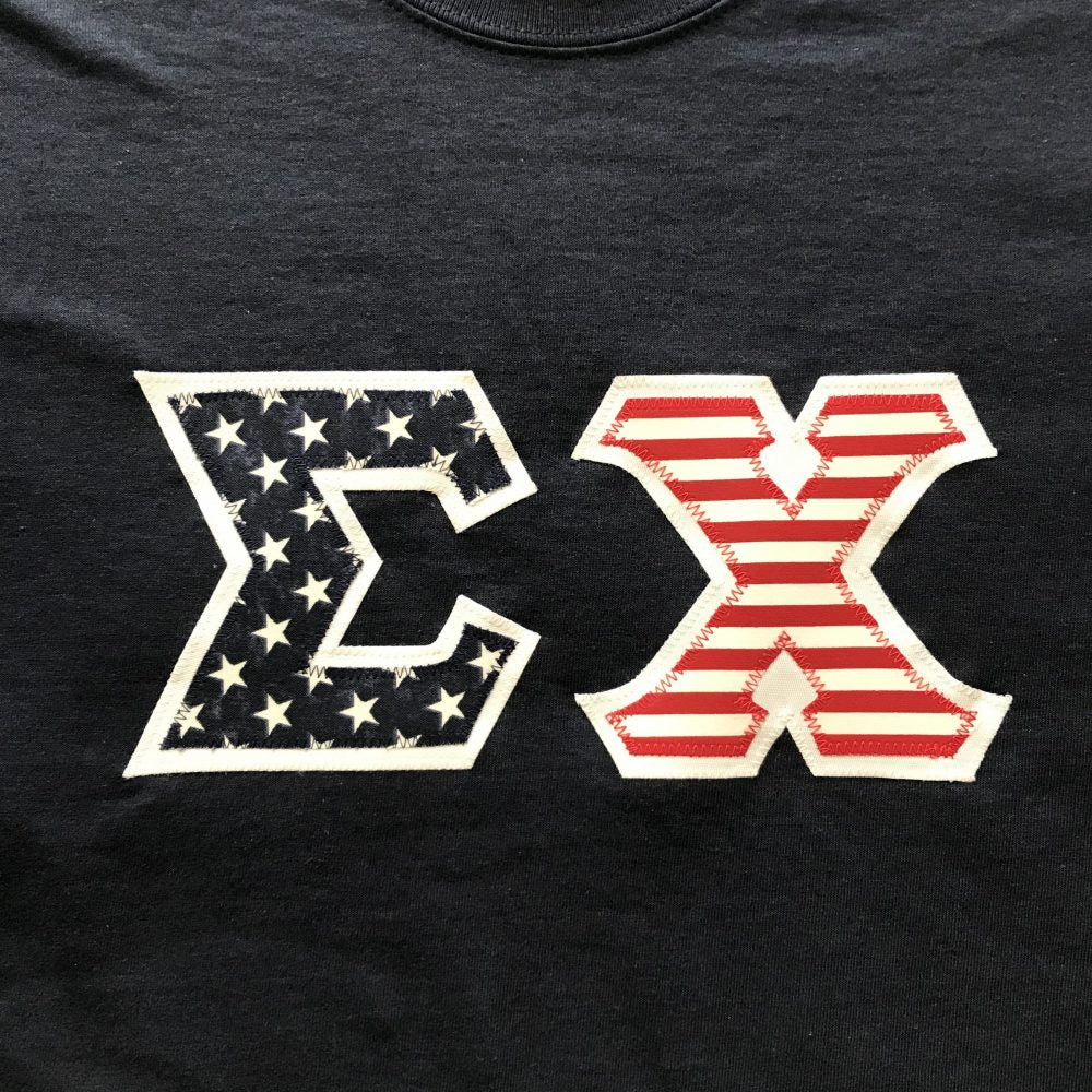 Sigma Chi Stitched Letter T-Shirt | Navy | American Flag with White Border