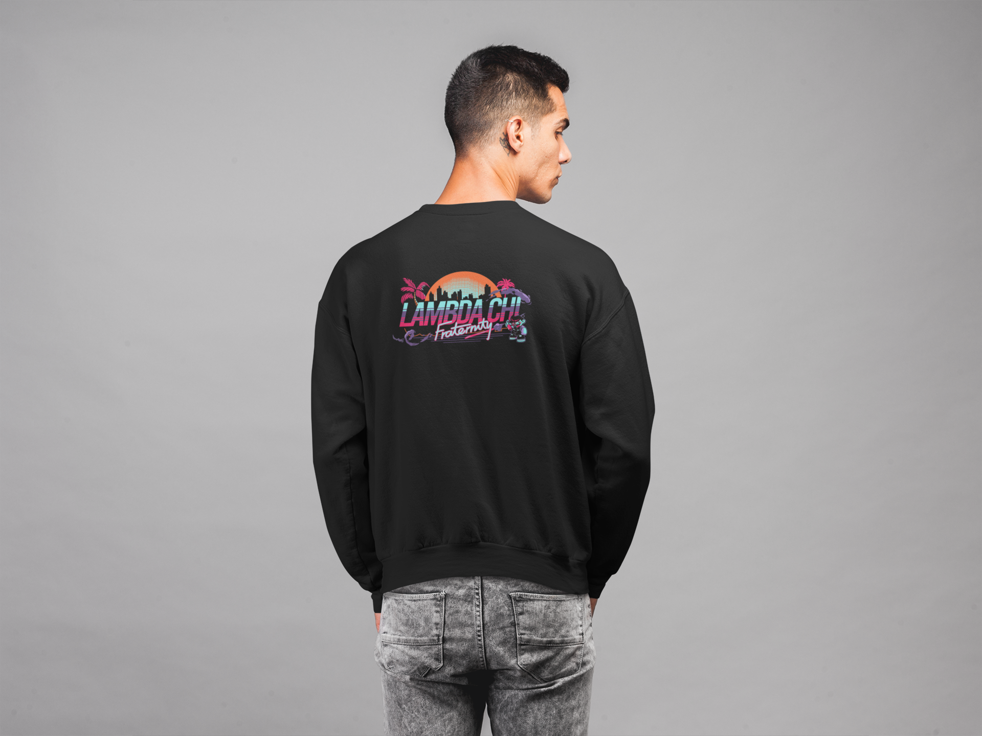 black Lambda Chi Alpha Graphic Crewneck Sweatshirt | Jump Street | Lambda Chi Alpha Fraternity Apparel model 