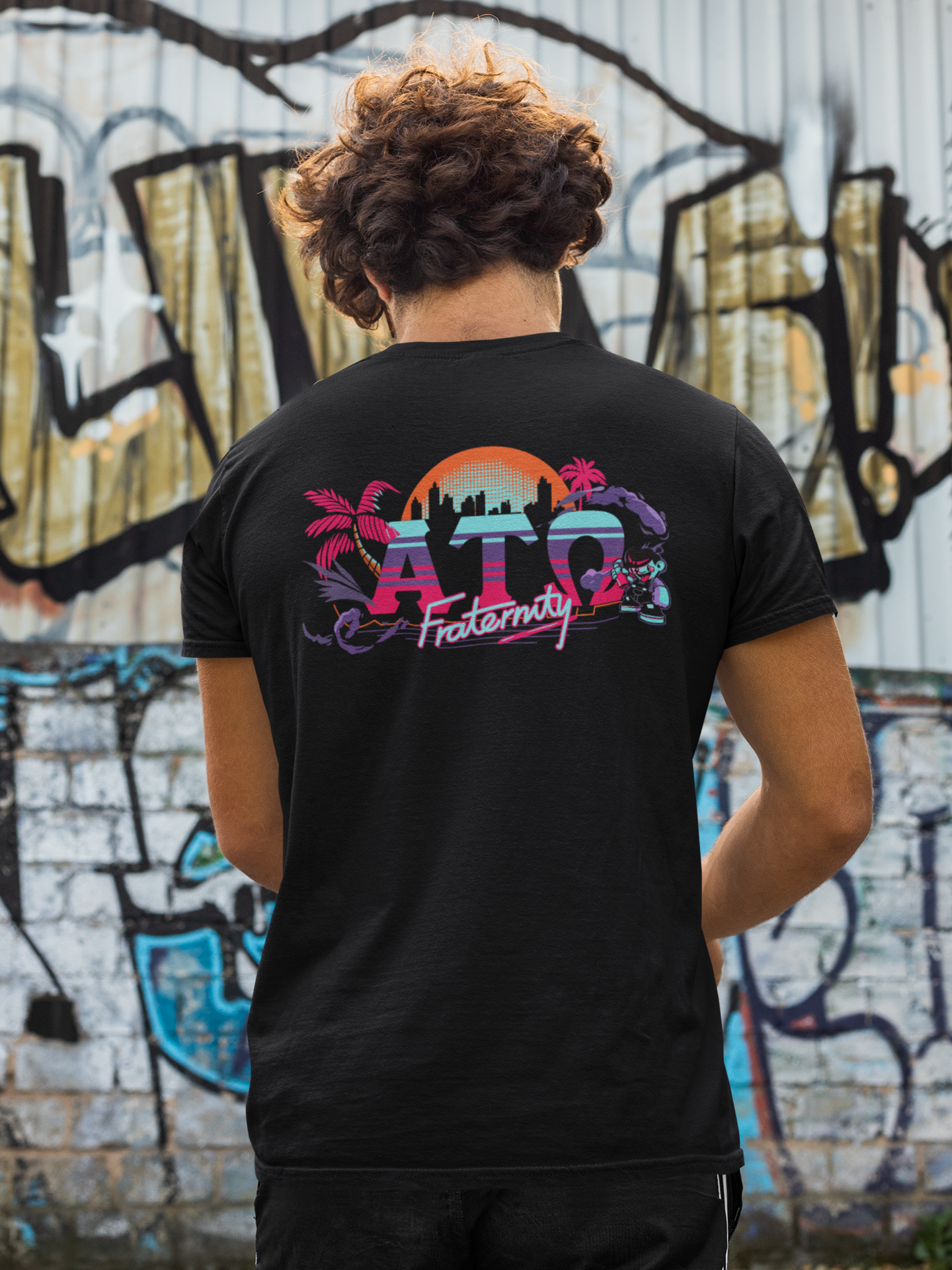 black Alpha Tau Omega Graphic T-Shirt | Jump Street | Alpha Tau Omega Fraternity Merchandise back model 
