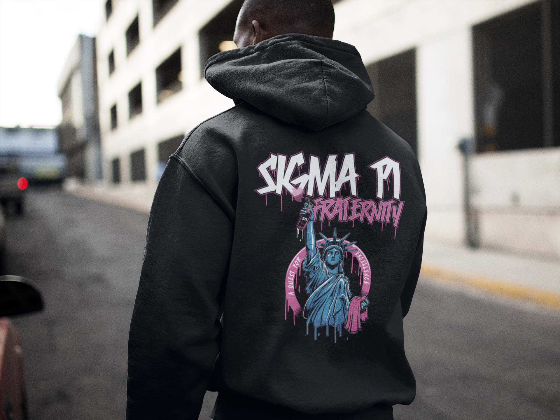 Black Sigma Pi Graphic Hoodie | Liberty Rebel | Sigma Pi Apparel and Merchandise back model