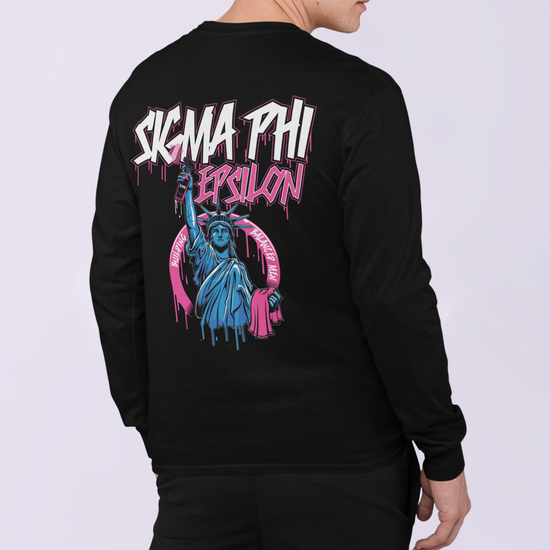 Black Sigma Phi Epsilon Graphic Long Sleeve | Liberty Rebel | SigEp Clothing - Campus Apparel model 