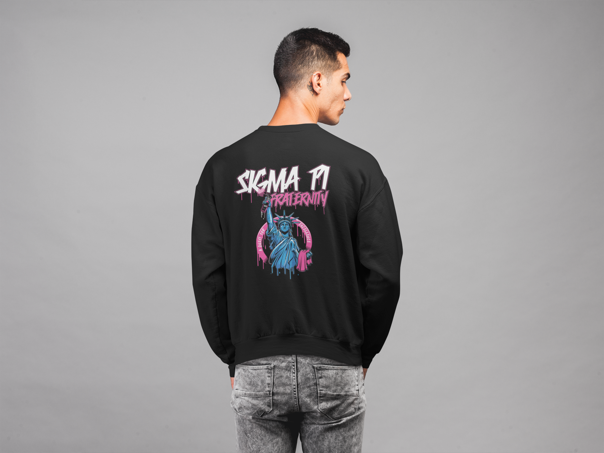 Black Sigma Pi Graphic Crewneck Sweatshirt | Liberty Rebel | Sigma Pi Apparel and Merchandise model 