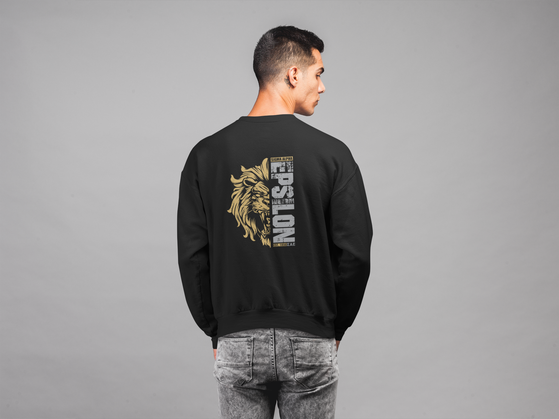 Black Sigma Alpha Epsilon Graphic Crewneck Sweatshirt | Lion Hearted | Sigma Alpha Epsilon Clothing and Merchandise model 