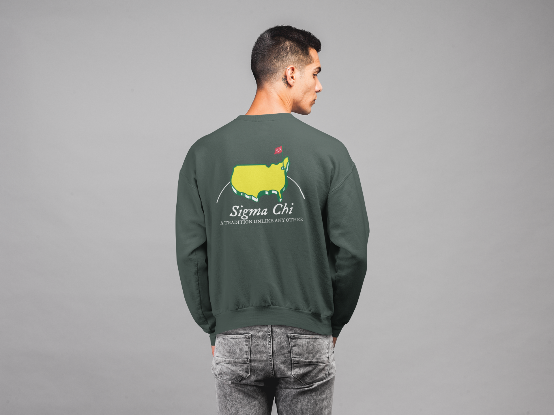 Green Sigma Chi Graphic Crewneck Sweatshirt | The Masters | Sigma Chi Fraternity Apparel model 
