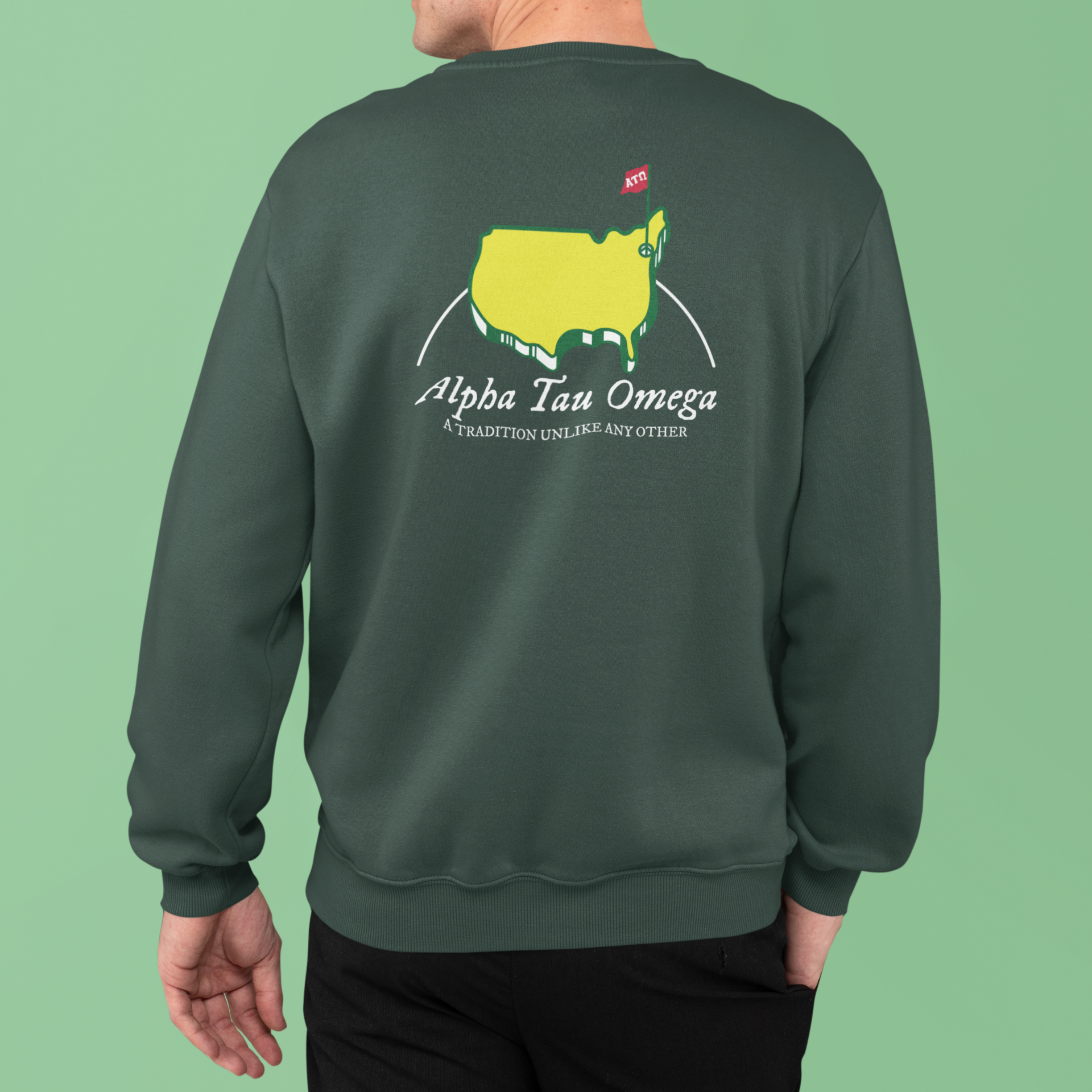 green Alpha Tau Omega Graphic Crewneck Sweatshirt | The Masters | Alpha Tau Omega Fraternity Merch back model 