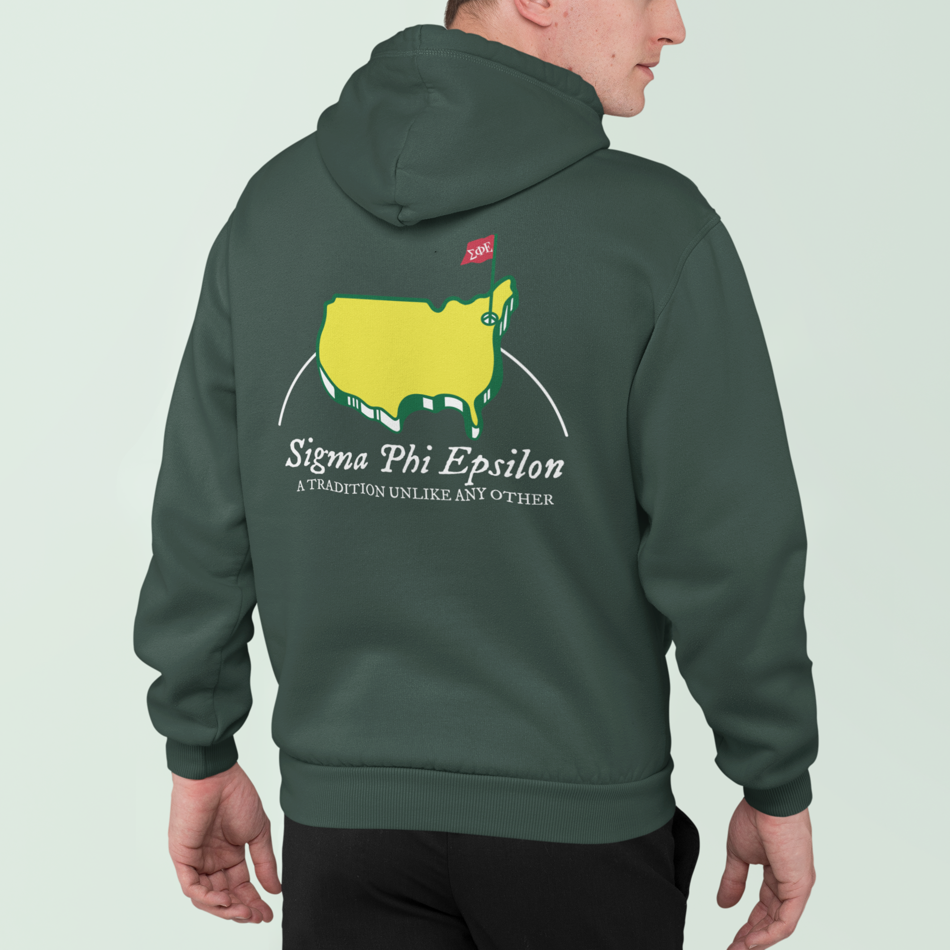 Green Sigma Phi Epsilon Graphic Hoodie | The Masters | SigEp Clothing - Campus Apparel model