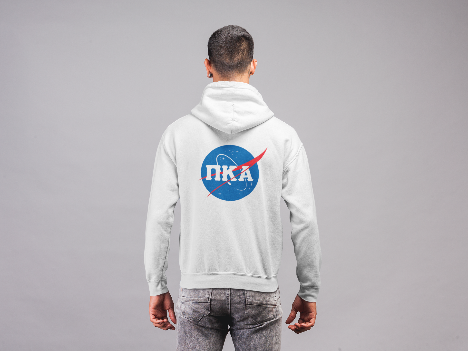 white Pi Kappa Alpha Graphic | Nasa 2.0 Hoodie | Pi kappa alpha fraternity shirt back model 
