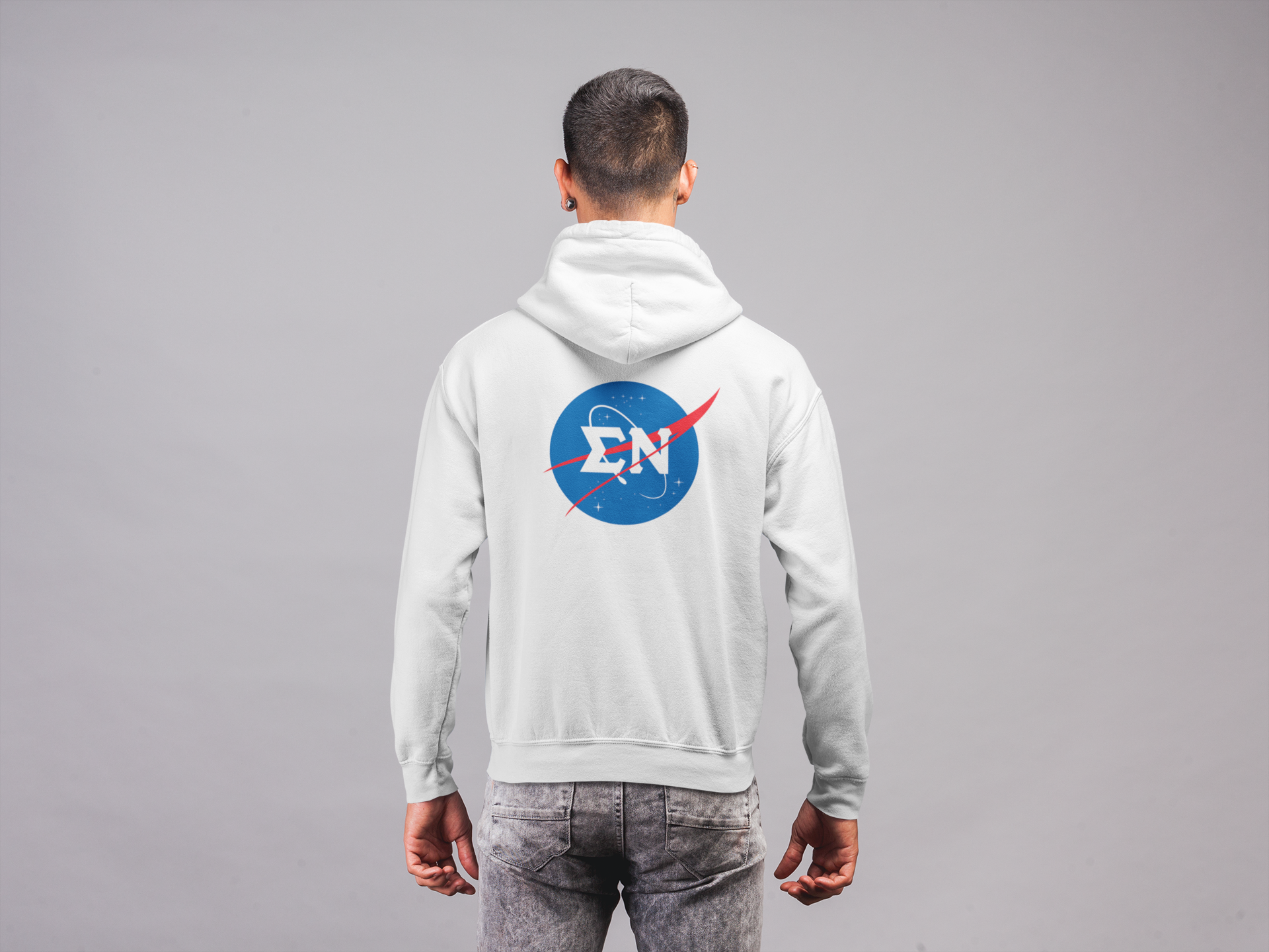 White Sigma Nu Graphic Hoodie | Nasa 2.0 | Sigma Nu Clothing, Apparel and Merchandise back model 