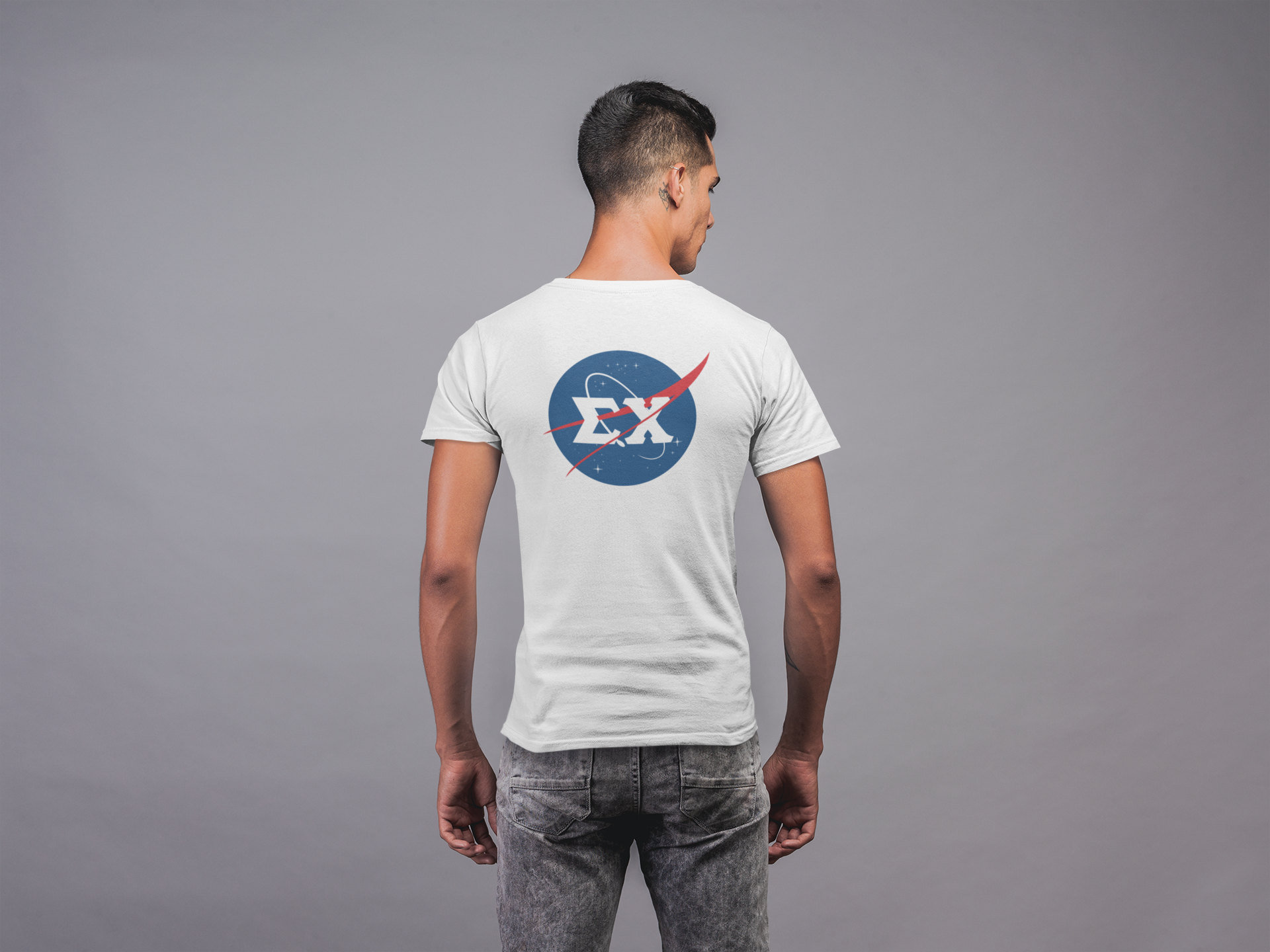 White Sigma Chi Graphic T-Shirt | Nasa 2.0 | Sigma Chi Fraternity Apparel model 